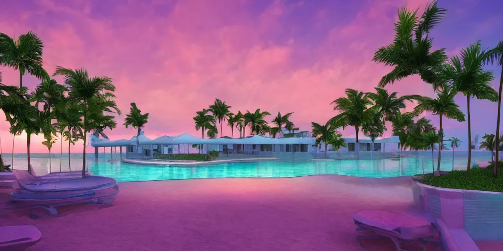 Image similar to artgem, hyperrealistic surreal virtual world of a florida keys resort with palm trees around a pool, a surreal vaporwave liminal space, pink sky, strange colors, unsettling vibe, minimalist architecture, metaverse, calming, meditative, dreamscape
