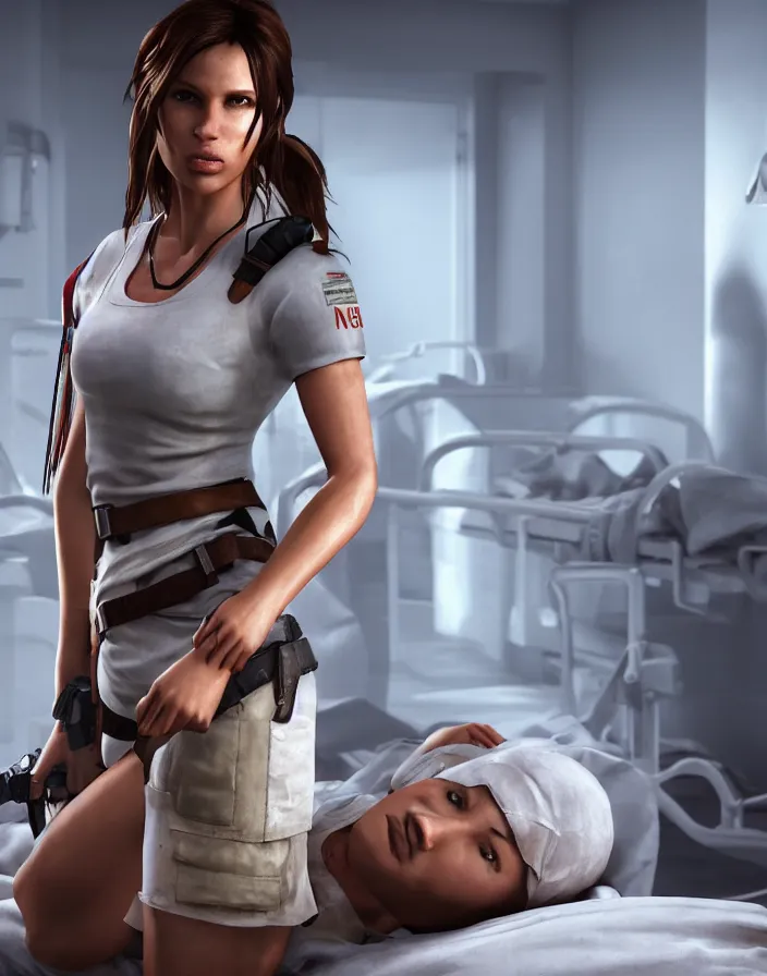 Prompt: lara croft, wearing a nurse outfit, resting on a hospital bed, real photo, hospital interior, intricate, soft lighting, cinematic composition, hyper realistic, 8k resolution, unreal engine 5