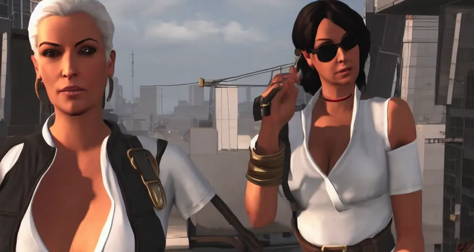 Image similar to Screenshot of Lana Kane from the show Archer as a 3d NPC in the videogame 'Hitman 3' (2021). Beautiful high-rise environment. Gorgeous level. Fancy dress. Sharpened. 4k. High-res. Ultra graphics settings.
