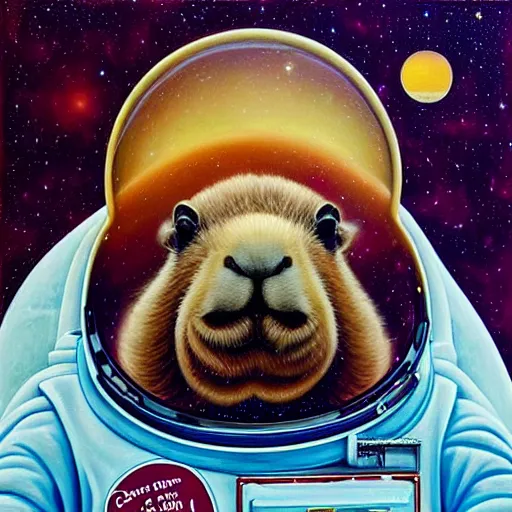 Prompt: beautiful detailed and adorable portrait of a capybara astronaut in a spacesuit by casey weldon by mark ryden by thomas blackshear, super cute, new contemporary, pop surrealism, oil painting