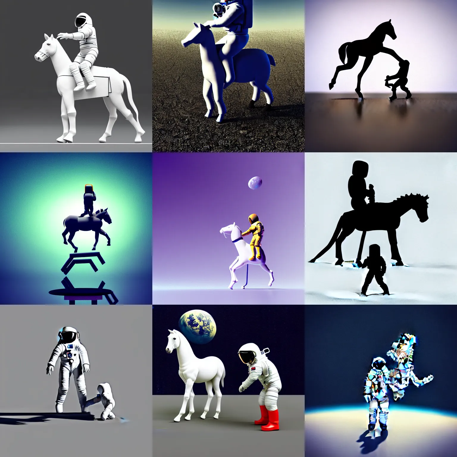 Prompt: an astronaut standing on the ground and a small trippy aggressive centaur standing on that poor little human standing on all fours astronaut, trying to ride it, the horse is on his shoulders and grabbing them, minimalist style, 3 d render, isometry