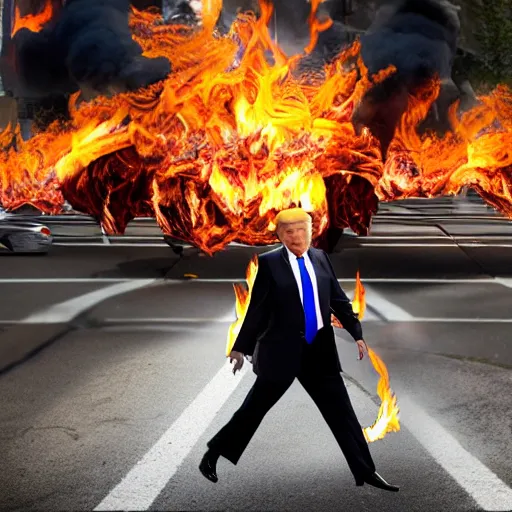 Image similar to photo realistic donald trump on fire crossing the street busy traffic no one cares