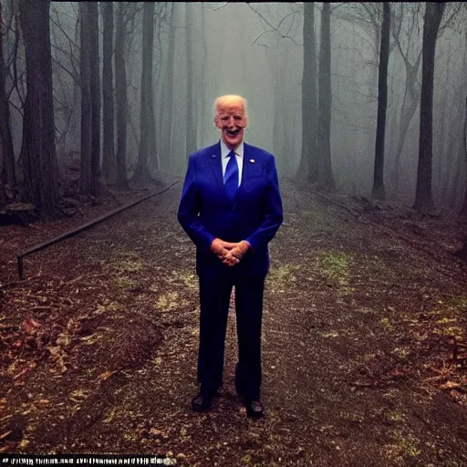 Prompt: joe biden with 4 arms, standing ominously barely in view far into the foggy woods with a demonic wide smile in his face, low quality iphone photo, creepy