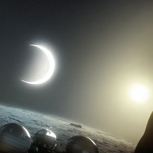 Prompt: dark solar eclipse very far away, highly detailed, photorealistic shot, bright studio setting, studio lighting, crisp quality and light reflections, unreal engine 5 quality render