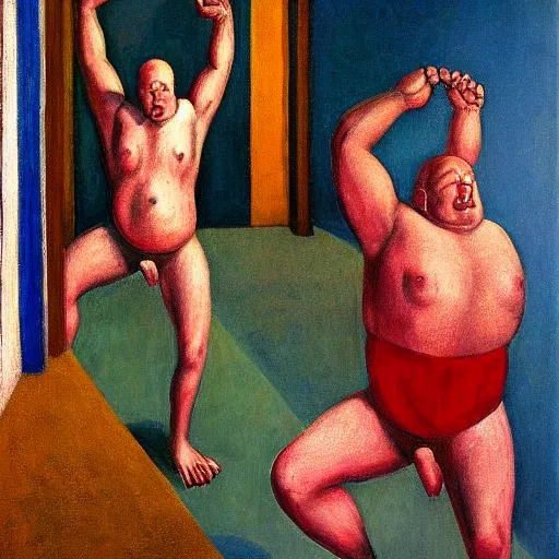 Image similar to twenty dwarves took turns doing handstands on the carpet, pj crook, edward hopper, oil on canvas