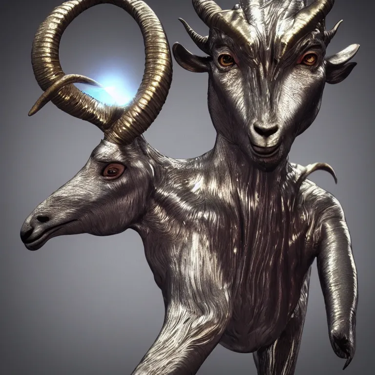 Prompt: octane render portrait by national geographic and wayne barlow and carlo crivelli and glenn fabry, a goat - headed evil demon wearing a tight iridescent silver latex suit, covered in liquid gold, cinema 4 d, ray traced lighting, very short depth of field, bokeh