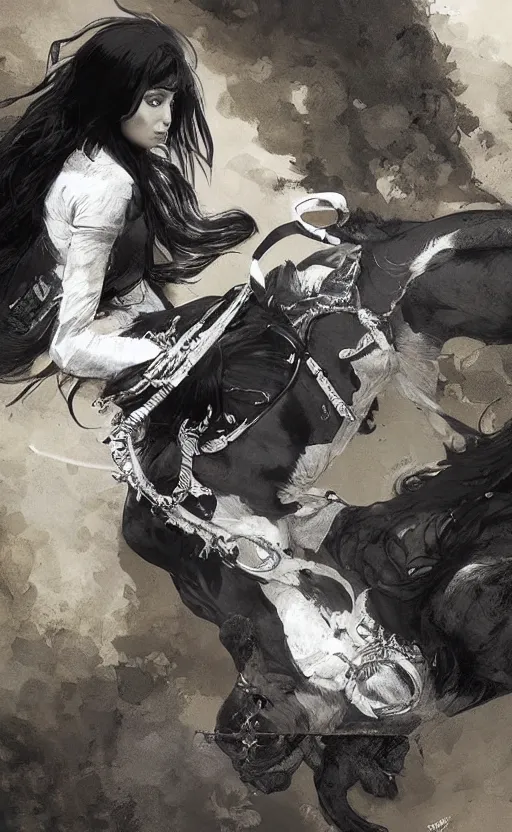 Image similar to an indian girl riding a large black and white cat, highly detailed, digital painting, artstation, concept art, sharp focus, illustration, art by greg rutkowski and alphonse mucha