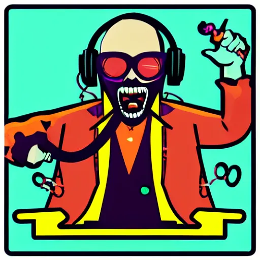 Prompt: svg vector sticker of absolutely insane-mad-scientist-villain, rocking out, wearing headphones, huge speakers, dancing, rave, DJ, spinning records, digital art, amazing composition, rule-of-thirds, award-winning, trending on artstation, featured on deviantart