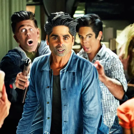 Prompt: UHD candid photo of panicked John Stamos being chased by the lollipop guild, UHD, photorealistic, correct face, photo by Annie Leibowitz