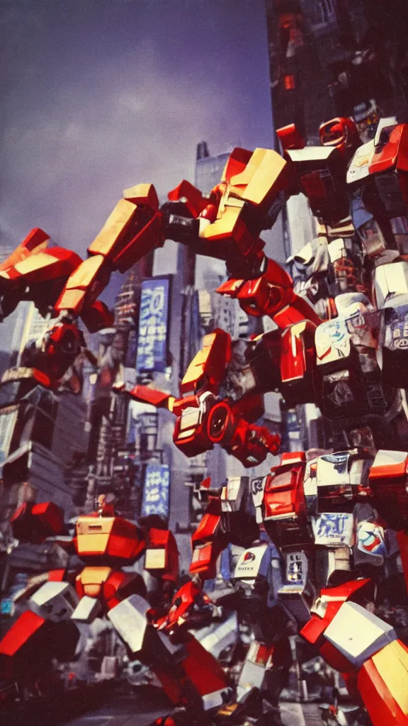 Image similar to 1 9 8 0 s giant robots fighting over tokyo, yashica t 4, heavy motion blur