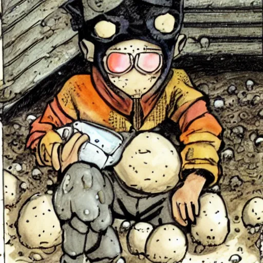 Image similar to en from dorohedoro eating a mushroom