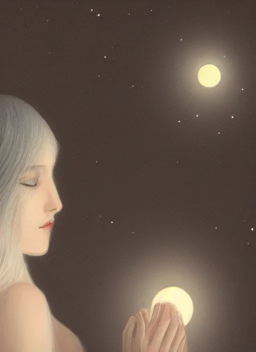 Prompt: beatifull pale wan woman, feminine goddes, side view, lit only by the moonlight, silver hair!!, style of fernand khnopff and lucien levy - dhurmer, 4 k resolution, aesthetic!,