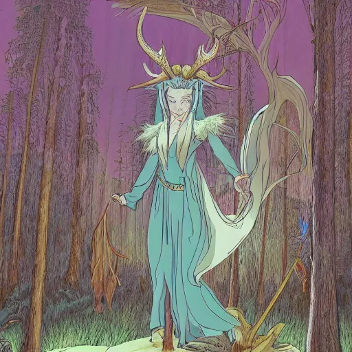 Image similar to illustration of a magical tribal sorceress with a huge majestic stag in a forest by hayao miyazaki and jean giraud moebius, highly detailed digital painting, concept art