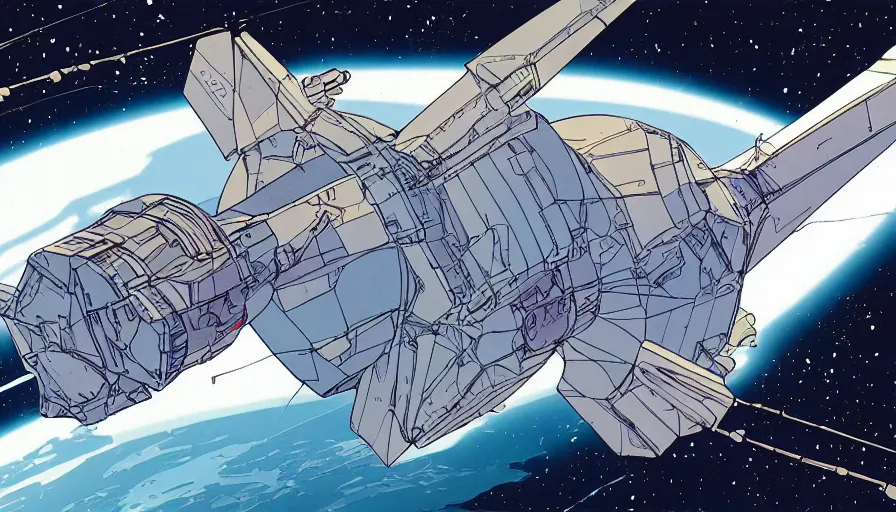 Prompt: flat color illustration of futuristic spacecraft by moebius and sparth,