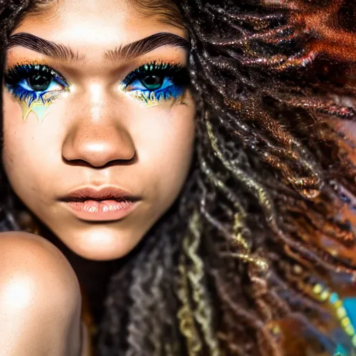 Image similar to Zendaya as mermaid, grungy, unkept hair, glowing eyes, modelsociety, radiant skin, huge anime eyes, RTX on, perfect face, intricate, Sony a7R IV, symmetric balance, polarizing filter, Photolab, Lightroom, 4K, Dolby Vision, Photography Award