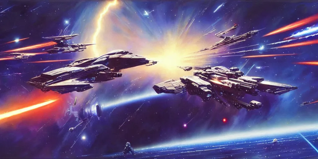 Image similar to a beautiful space battle, lightning, angry, kinetic, ralph mcquarrie, jama jurabaev, syd mead, john berkey, robert mccall trending on artstation, highly detailed oil painting