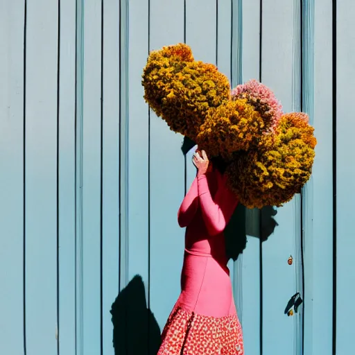 Image similar to giant flower head, full body, girl standing in front of house, surreal photography, symmetry, mid century, flat light, bright colours, blue sky, realistic, wes anderson