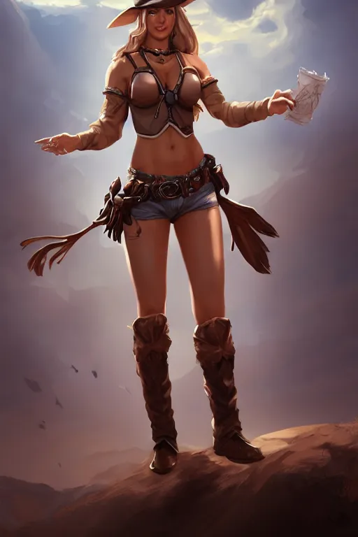 Image similar to full body, female cowgirl, perfect face, white blouse, 8 k, magic the gathering, desert, d & d, artstation, high detail, smooth, muscular