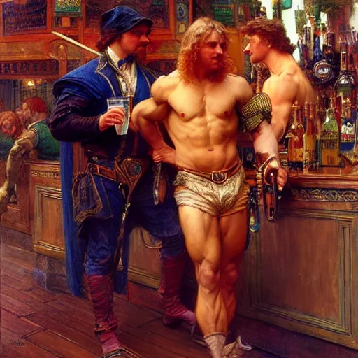 Image similar to attractive muscular arthur pendragon and muscular attractive merlin go to a pub together to have some drinks. highly detailed painting by gaston bussiere, craig mullins, j. c. leyendecker, alphonse mucha 8 k