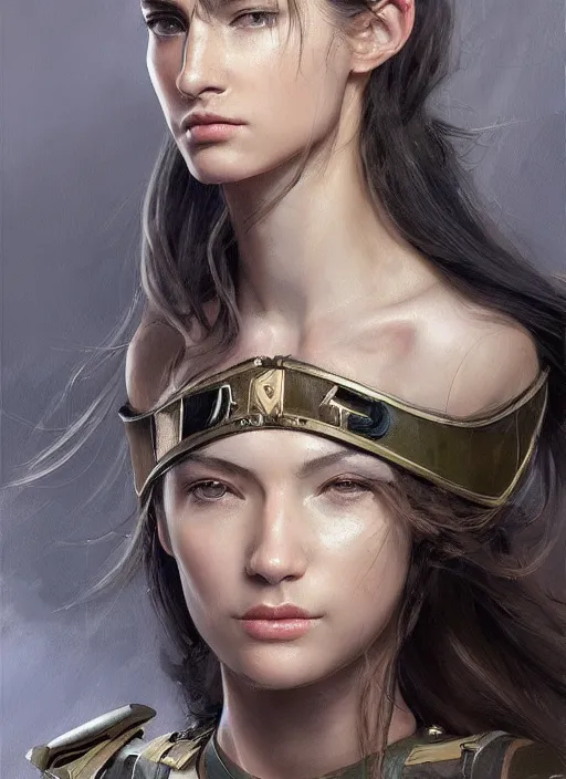 Image similar to a professional painting of a beautiful young female, clothed in military armor, olive skin, long dark hair, beautiful bone structure, symmetrical facial features, intricate, elegant, digital painting, concept art, smooth, sharp focus, illustration, from Metal Gear, by Ruan Jia and Mandy Jurgens and Artgerm and William-Adolphe Bouguerea