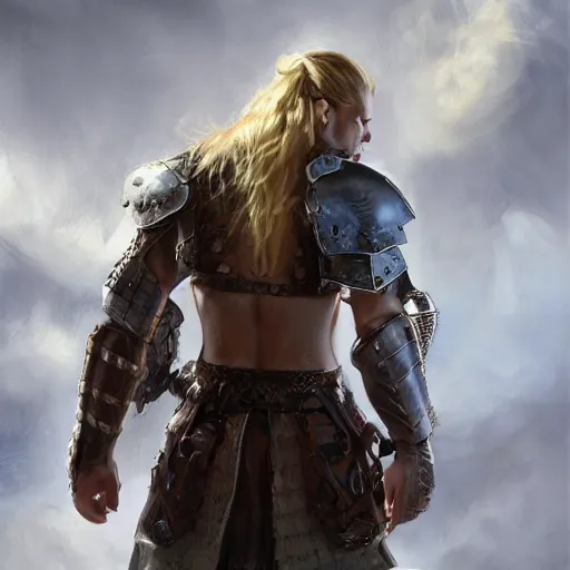 Prompt: rear side portrait of a muscular, ponytail haired blonde man with only left arm armored, wearing a thick brown leather coat, looking to his left, DnD, fantasy, dramatic lighting, digital art by Ruan Jia