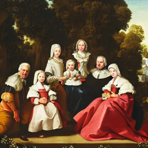 Prompt: family portrait, all subjects posing around a fountain baroque style 1 6 5 6 inspired by diego velasquez