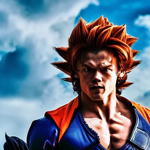 Image similar to Still of Sam heughan as Goku in Dragon ball live action movie powerful epic light blue and Orange