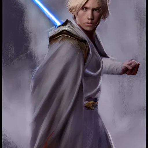 Image similar to a young blonde male jedi full body shot concept art by Doug Chiang cinematic concept art, realistic painting, high definition, digital art, matte painting, symmetrical, very detailed, realistic, dramatic lighting, cinematic, establishing shot, extremly high detail, photo realistic, cinematic lighting, post processed, concept art, artstation, matte painting, concept art by Doug Chiang