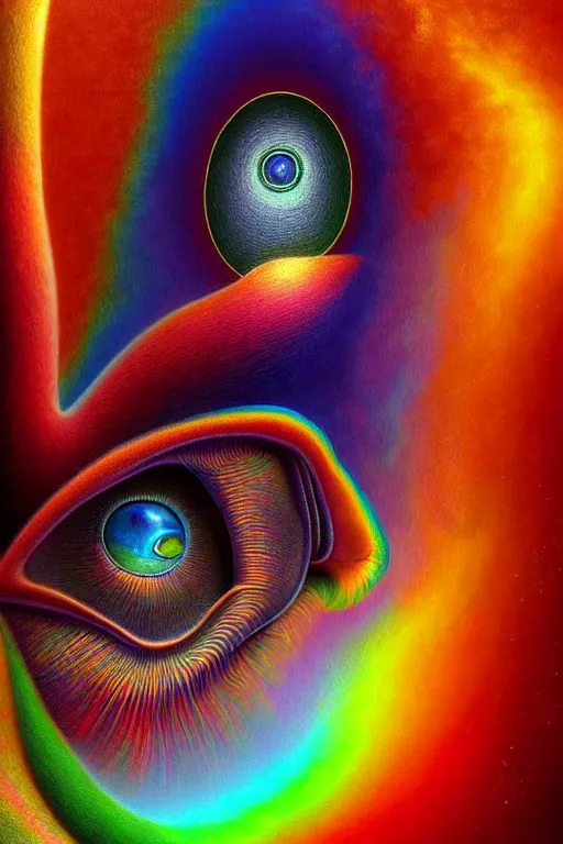 Image similar to hyperrealistic abstract close-up Renaissance psychedelic!! celestial happy! pure creature!! peaceful! kind spirit of nature! beautiful fractal!! eyes! highly detailed concept art eric zener elson peter cinematic hard rainbow lighting high angle hd 8k sharp shallow depth of field, inspired by Zdzisław Beksiński Salvador Dali