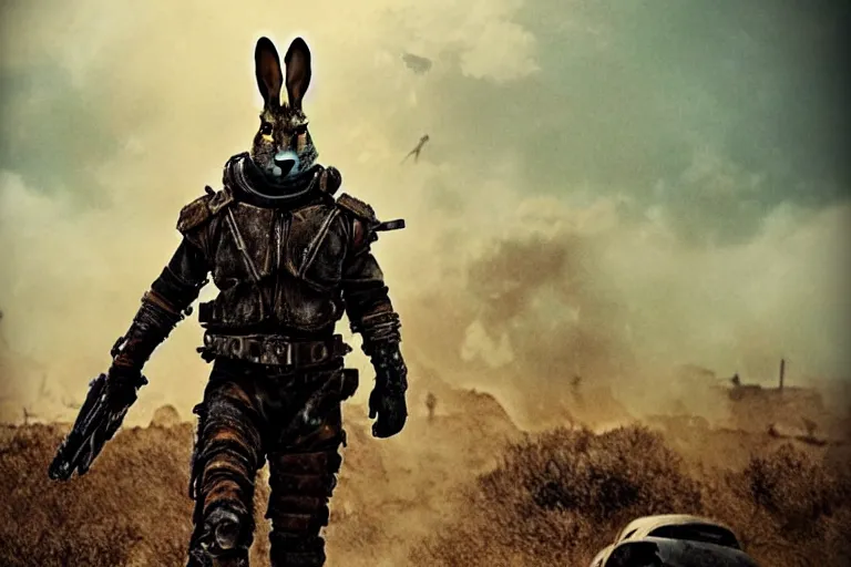 Image similar to a good ol'rabbit fursona ( from the furry fandom ), heavily armed and armored facing down armageddon in a dark and gritty version from the makers of mad max : fury road. witness me.