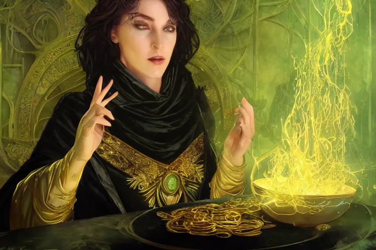 Image similar to a sorceress wearing a black robe with gold embroidery, sitting at table, casting a spell, green glows, painted by artgerm and tom bagshaw and alphonse mucha, in the style of magic the gathering, highly detailed digital art