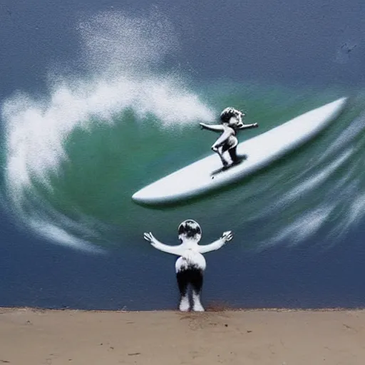 Image similar to a surfing baby painted by banksy