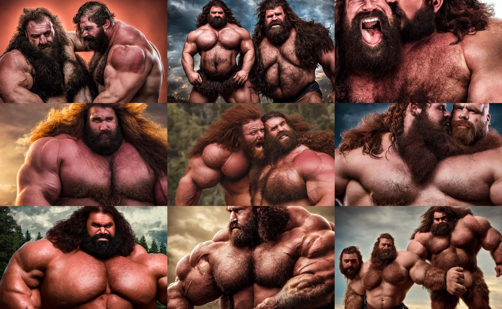 Prompt: big hairy thick masculine barbarian strongman kings with massive muscle and dark red hair, kissing, photography, highly detailed, epic, high definition, 4 k, 8 k, dad energy