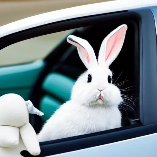 Image similar to a cute bunny driving a convertible, studio photo, high quality