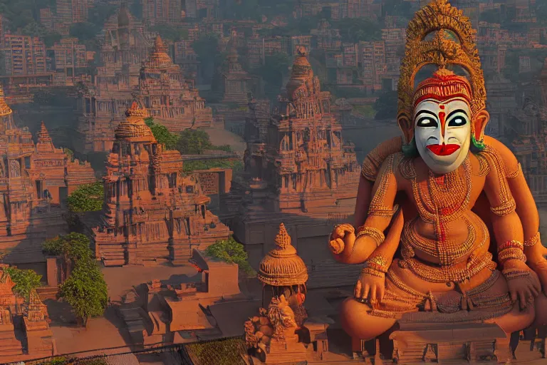 Image similar to high quality 3 d dreamscape! mumbai with biomorphic hanuman!! head building, kalighat highly detailed, unreal engine cinematic smooth, stephen shore & john j. park, soft morning light, wide shot, high angle, uhd 8 k, deep focus