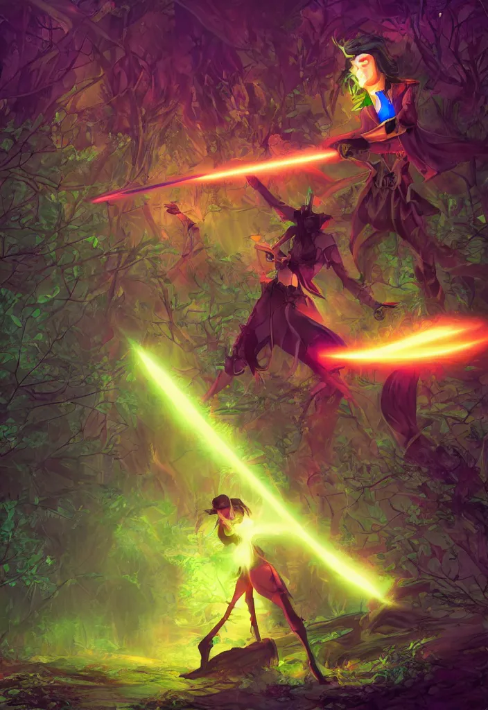 Image similar to , woman with illuminated sword and android with neon gloves fighting a shadow demon in the forest, grand scale , digital effects fantasy ,digital art, illustration, stylized, cel shaded