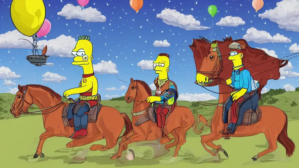 Image similar to a horse riding an astronaut, an horseis a balloon, art by simpsons