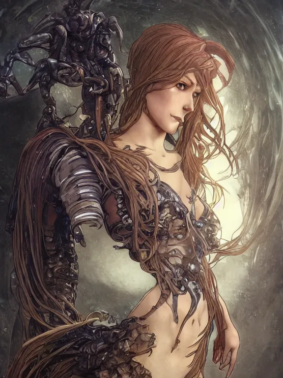 Image similar to full body picture of a warforged mermaid looking at the camera, cynical, bored, beautiful and aesthetic, intricate, unreal engine, messy hair, highly detailed, detailed face, smooth, sharp focus, chiaroscuro, manga illustration, artgerm, greg rutkowski, alphonse mucha, young adult light novel cover art