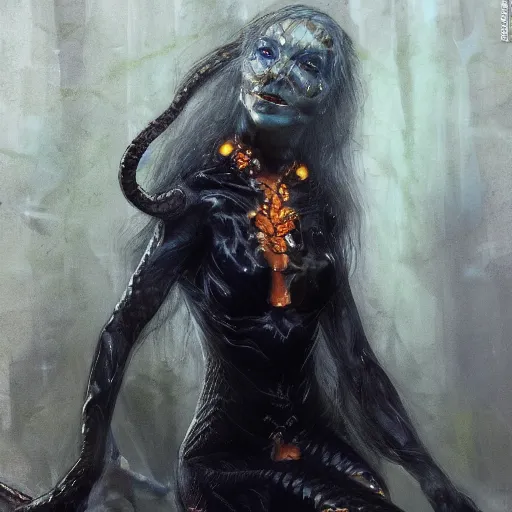 Image similar to snake woman hybrid, long, black scales, bright amber eyes, scales covering her chest, cinematographic shot, by daniel f. gerhartz