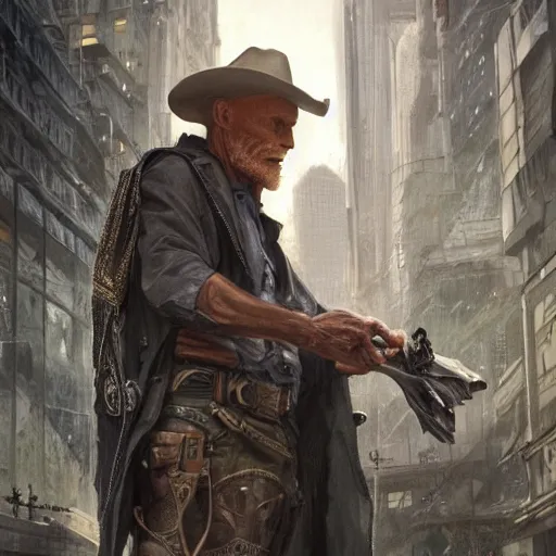 Prompt: full figure ultra realistic illustration, ed harris wearing a cowboy outfit in a dystopian city, intricate, elegant, highly detailed, digital painting, artstation, concept art, smooth, sharp focus, illustration, art by artgerm and greg rutkowski and alphonse mucha