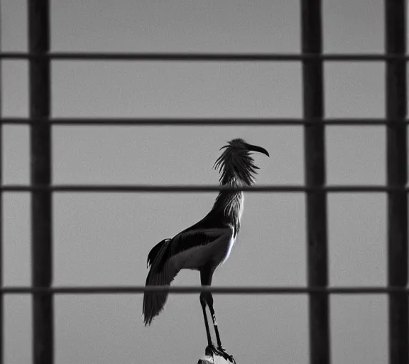 Prompt: Joachim Brohm photo of 'secretarybird perched behind jail bars', high contrast, high exposure photo, monochrome, DLSR, grainy, close up