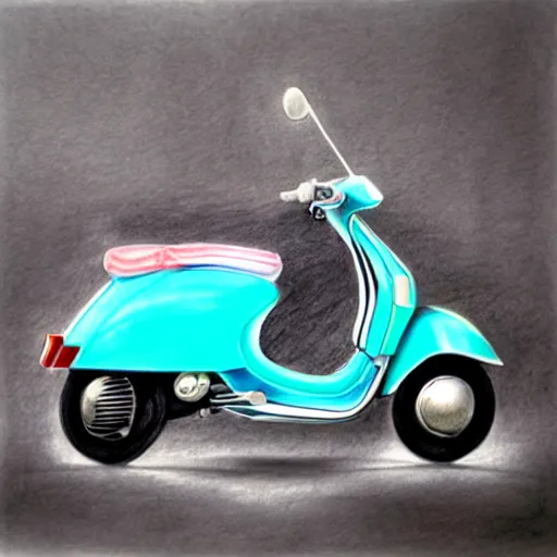 Image similar to hyper realistic pencil drawing of a turquoise vespa moped, water color, detailed, rim light, diffused, intricate, by anna dittmann,