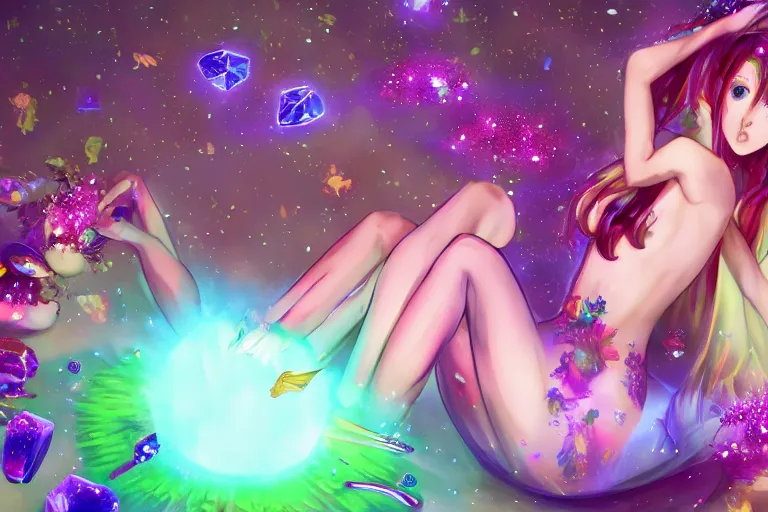 Image similar to degods nft, psychedelic, whimsical, anime, 4k, beautiful seductive succubus smoking weed, with professional makeup, long trippy hair, a crystal and flower dress, sitting on a reflective pool, surrounded by gems, underneath the stars, rainbow fireflies, trending on patreon, deviantart, twitter, artstation, volumetric lighting, heavy contrast, art style of Greg Rutkowski and Miho Hirano and Ross Tran