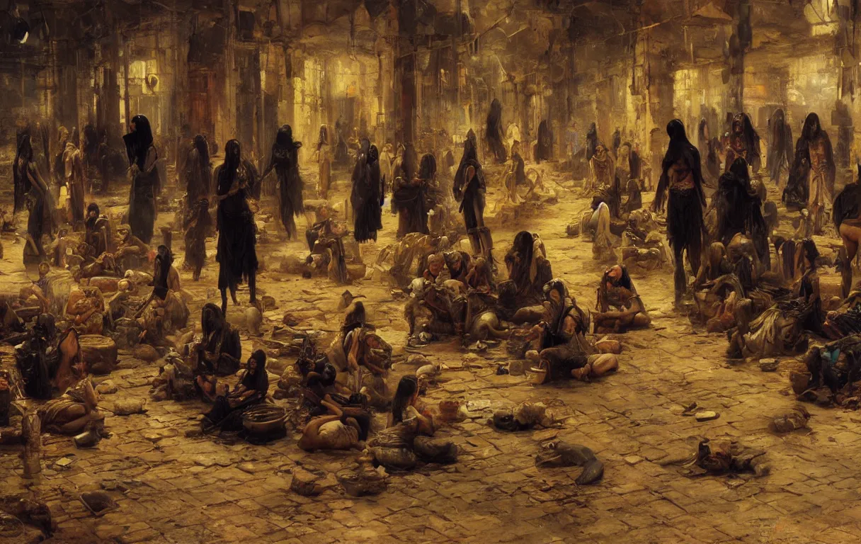 Prompt: an underground black market in a fantasy Cairo city, oil painting by Charles bargue and Jean lean Gerome, orientalism, trending on artstation