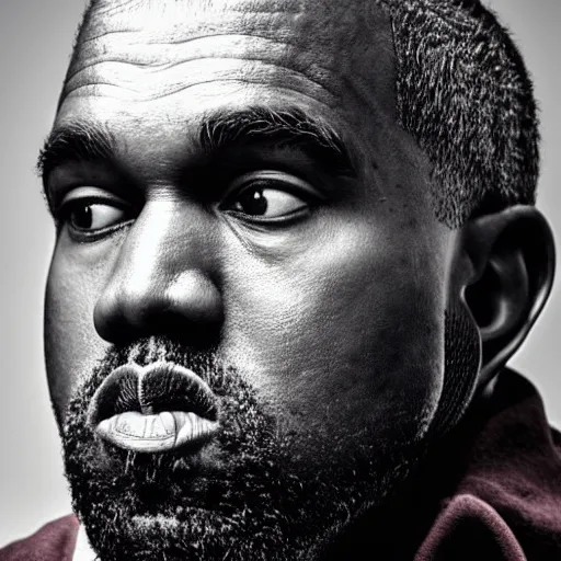 Image similar to the face of old kanye west wearing yeezy clothing at 6 0 years old, portrait by julia cameron, chiaroscuro lighting, shallow depth of field, 8 0 mm, f 1. 8