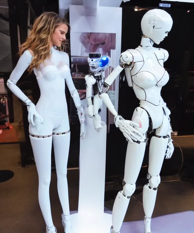 Image similar to a white victoria's secret model is standing besides a liquid metal humanoid robot and robot is touching model's face, robot's head is transformed into exact copy of model's head, realistic, 4 k