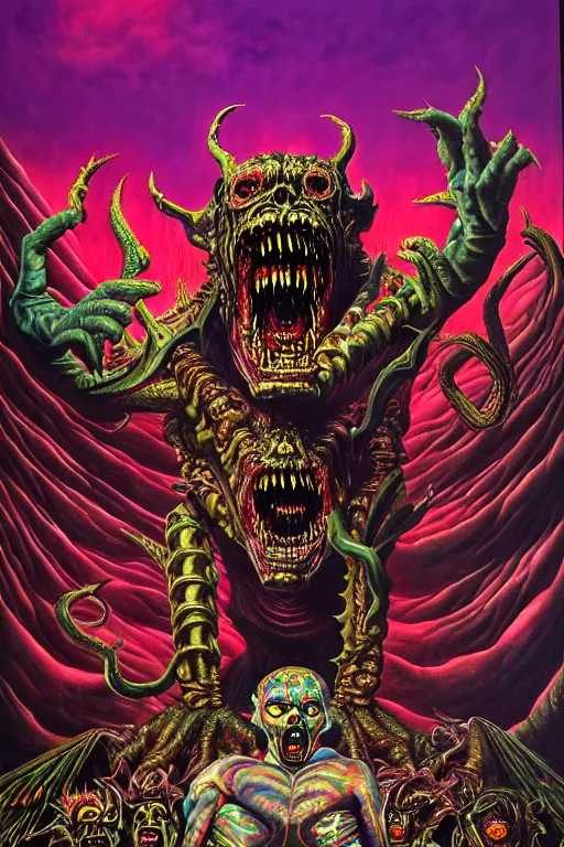Image similar to a hyperrealistic painting of an epic boss fight against an ornate supreme dark overlord, cinematic horror by the art of skinner, chris cunningham, lisa frank, richard corben, highly detailed, vivid color,