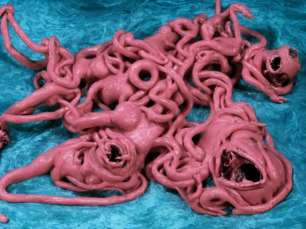 Image similar to the raft of the medusa as an animatronic schlock body horror film, play-doh, neon lights, rubber latex, fleshy, Cronenberg, Rick Baker, dramatic film still, daylight, photo real, extremely detailed, wet, slimy, wide angle, rule of thirds, 28mm, 1984, vivid colors, Eastman EXR 50D 5245/7245