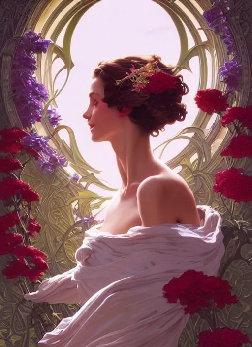 Image similar to leyendecker, michael whelan, beautiful french woman with long wavy hair, graceful arms, jewels, flowers, art nouveau, stephen bliss, unreal engine, by greg rutkowski, loish, ferdinand knab, ilya kuvshinov, rossdraws, tom bagshaw, alphonse mucha, global illumination, radiant light