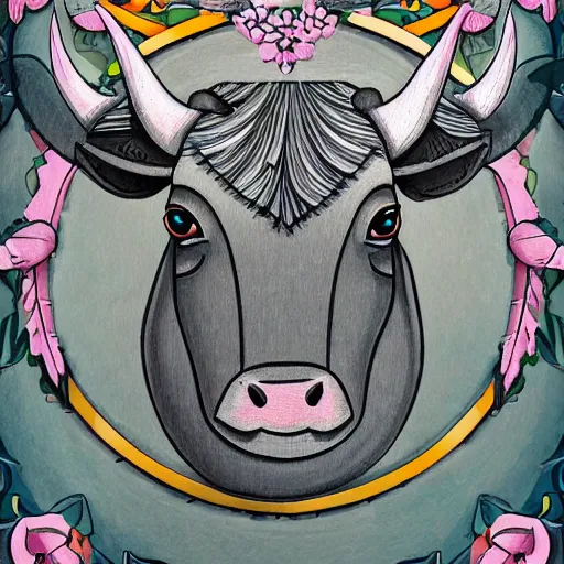 Prompt: gray paper + an intricate cute bull depiction + elaborate illustration, very detailed, deviantart, 8 k vertical wallpaper, tropical, colorful, airy, anime illustration, anime nature